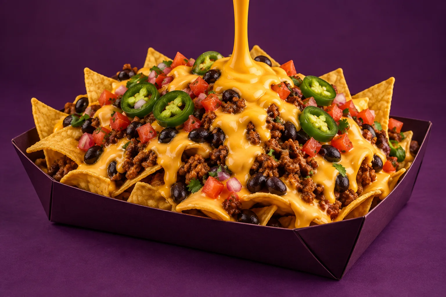Loaded vegan nachos covered with Liquid Gold nacho cheese