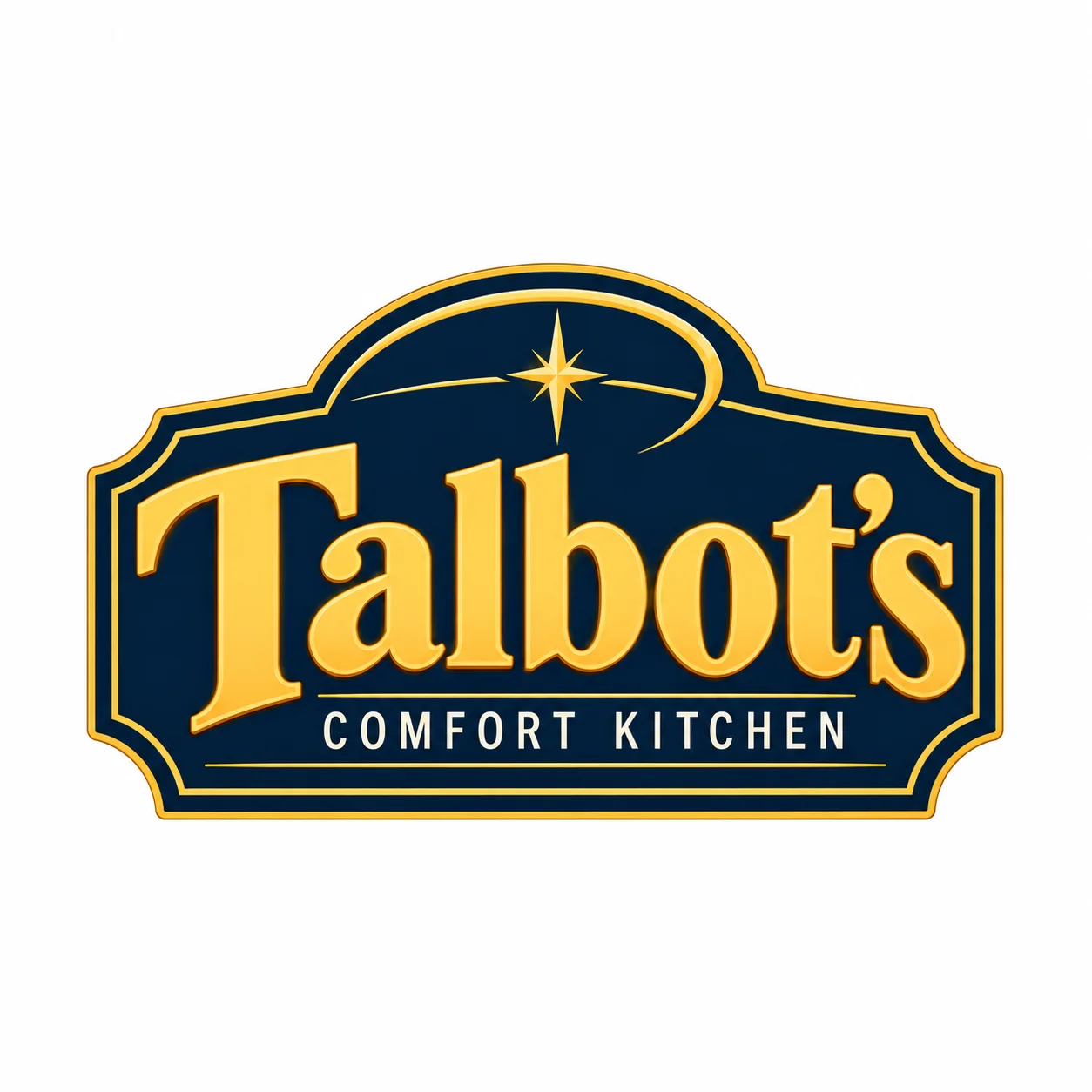 Talbot’s Comfort Kitchen navy and gold mark